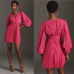 Aureta Pleated Long-Sleeve V-Neck Mini Dress - Raspberry (NWT)